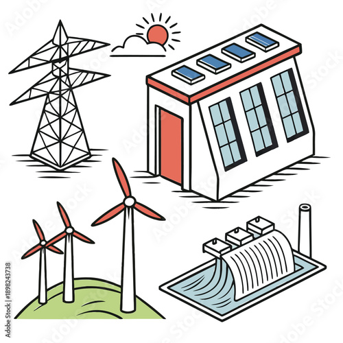 Illustration of renewable energy sources and energy storage solutions