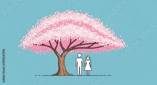 Couple standing under a blooming pink cherry blossom tree on a sunny day with blue background