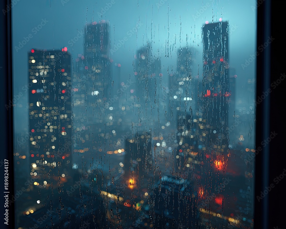 Fototapeta premium Rainy Night City View From Window