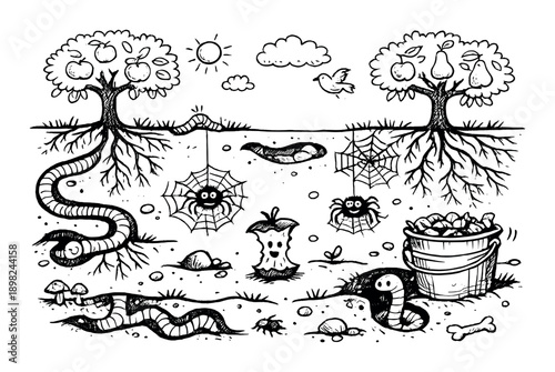 Playful cartoon underground scene with worms, spiders, and apples