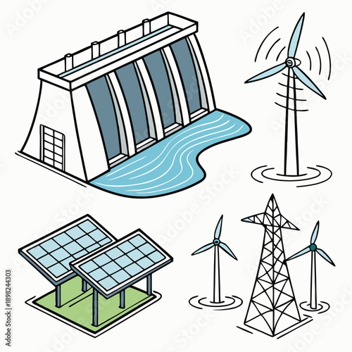 Illustration of renewable energy sources and sustainable power generation methods
