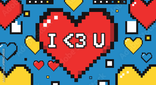 Pixelated Heart Expressing Love with I <3 U Message, a Retro Digital Design on a Vibrant Blue Background with Yellow and Red Accents