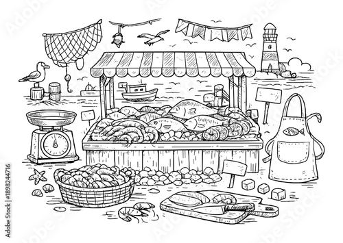 Hand-drawn seafood market with scales and fishing boat