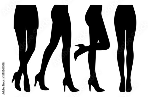  set of black silhouettes of women’s legs in various elegant poses  ideal for advertising, fashion promos, or editorial design