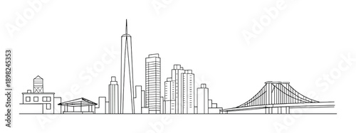 Monochrome skyline illustration with bridge and skyscrapers
