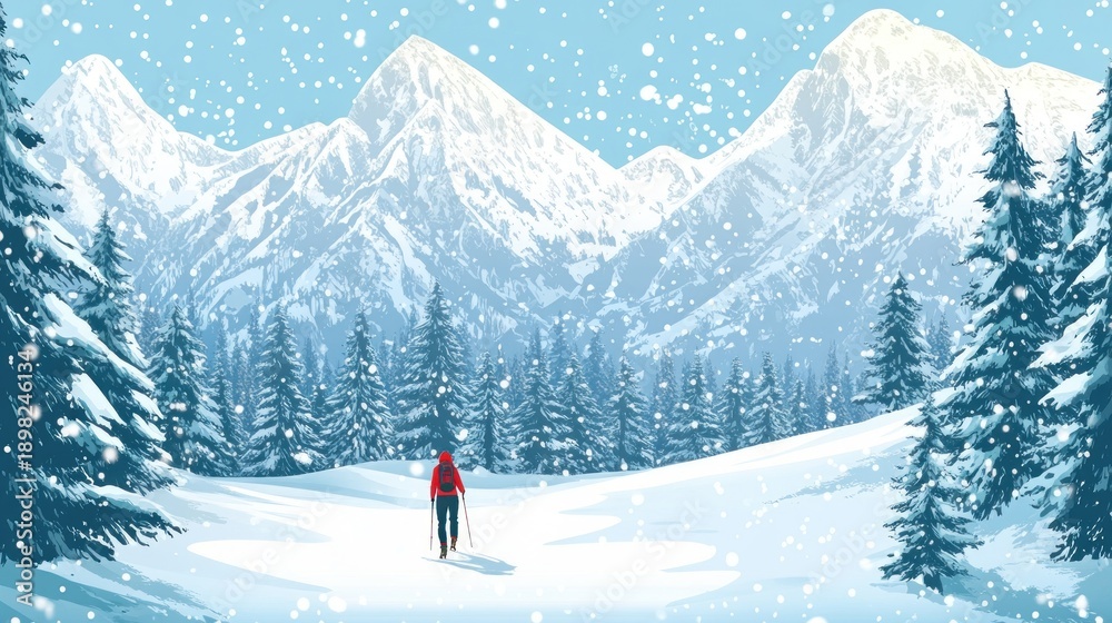 Naklejka premium Winter hiker in snowy mountains