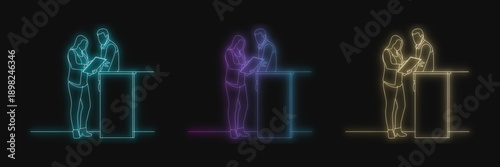 Neon Couple Standing Together, Glowing Figures, Intimate Connection