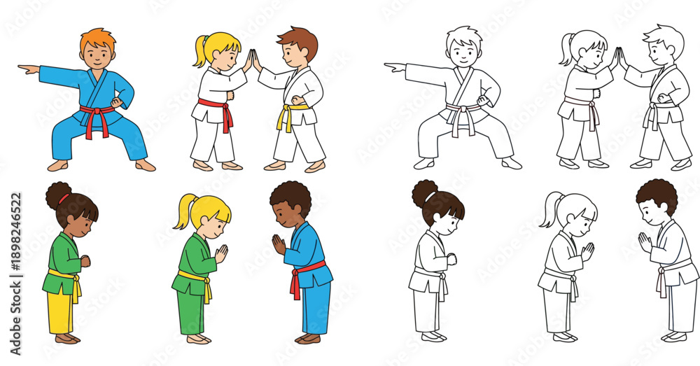 Fototapeta premium Cartoon Kids Practicing Karate Set with Coloring Page Outlines. Diverse Boys and Girls in Kimonos Bowing and Sparring Vector Illustration.