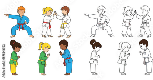 Cartoon Kids Practicing Karate Set with Coloring Page Outlines. Diverse Boys and Girls in Kimonos Bowing and Sparring Vector Illustration.