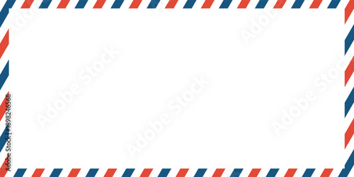 Airmail envelope frame with blue and red stripes on white background. International vintage letter border. Retro air mail postcard. Blank envelope.