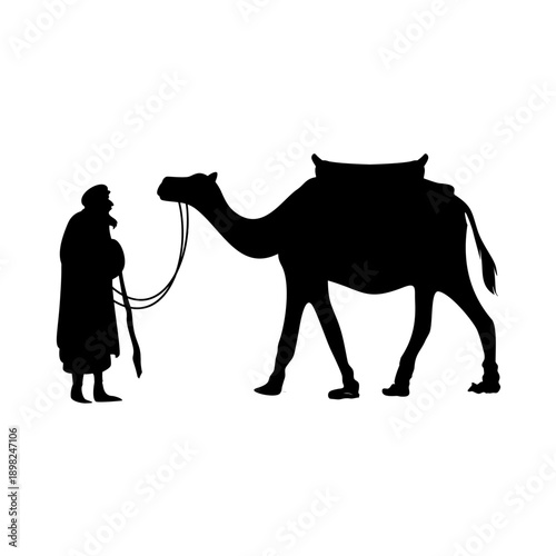 Black vector silhouette illustration of a woman and her dog walking together, featuring a minimalist animal pet silhouette design