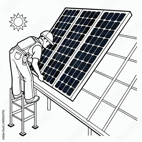 A technician inspecting and maintaining a large solar panel installation on a rooftop
