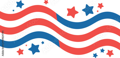 A vibrant and festive illustration featuring red, white, and blue wavy lines and stars on a patriotic background.