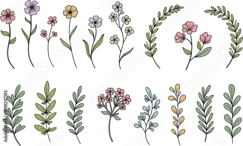 Professional Botanical Set Featuring Hand Drawn Flowers Leafy Branches and Laurel Wreaths in Soft Tones for Wedding Invitations and Elegant Graphic Design