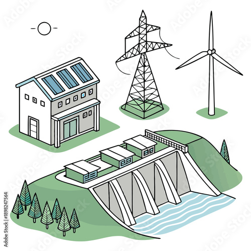 Renewable energy sources powering a sustainable community with solar, wind, and hydroelectricity