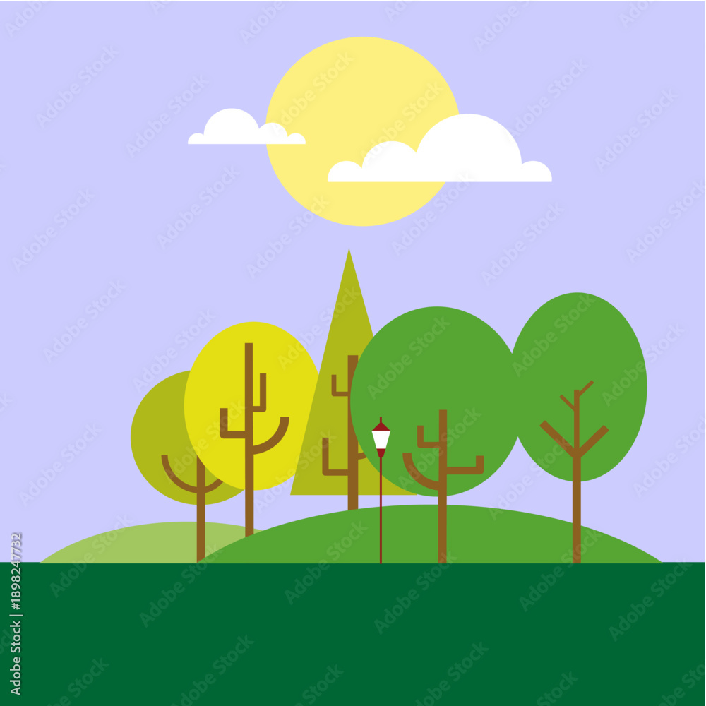 Fototapeta premium Summer landscape illustration featuring green trees and a grassy field under a blue sky with white clouds in a nature vector art design