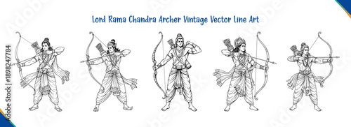 Lord Rama Chandra Archer Vintage Vector Line Art Set, Hindu Mythology Ramayana God Warrior with Bow and Arrow Doodle Character Outline for Indian Festivals, Ram Navami, Diwali, and Dussehra
