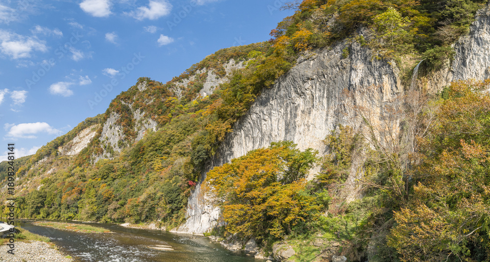Obraz premium 日本 岡山県新見市にある井倉峡沿いを流れる高梁川と紅葉と井倉の滝