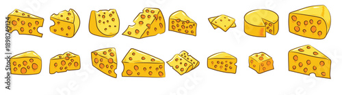 Pieces of swiss cheese with large holes are illustrated as a delicious dairy snack or cooking ingredient vector illustration