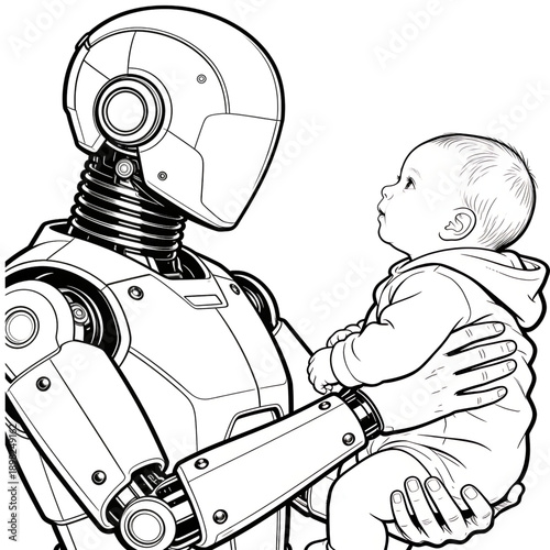 Robot's Tender Embrace: A futuristic robot holds a baby, symbolizing the intersection of technology and humanity, with the innocence of the infant contrasting the advanced artificial being.