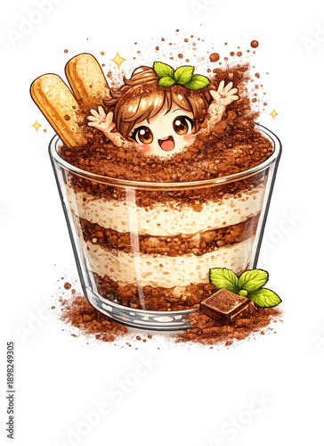 Chibi tiramisu diving into dessert