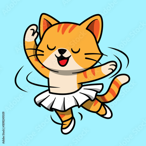 A cute cartoon orange tabby cat wearing a white tutu and ballet slippers, happily dancing with swirls indicating movement.