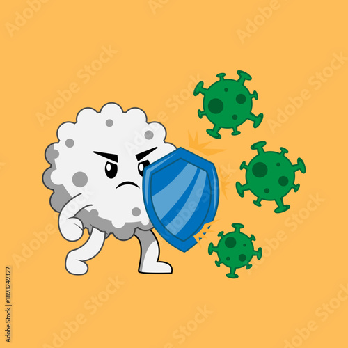 Angry cartoon white blood cell with a blue shield protecting against green virus particles, illustrating the body's immune defense.