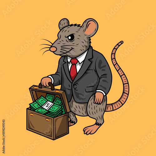 A cartoon illustration of a sly rat in a business suit holding a briefcase full of money on an orange background.