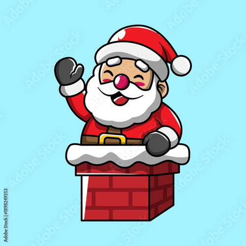 A cheerful cartoon Santa Claus waving from inside a red brick chimney, ready for Christmas.