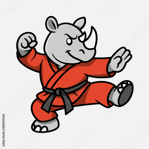 Cartoon rhino wearing a red martial arts gi and black belt, striking a dynamic karate pose.