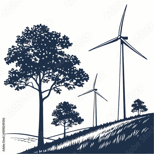 Wind turbine standing beside a tree on a gentle hillside landscape.