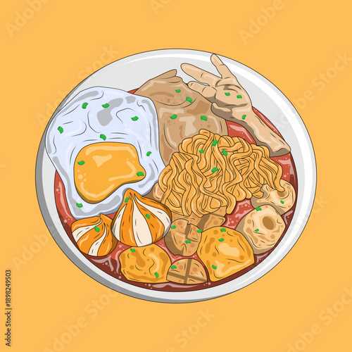 An illustration of a vibrant bowl of Indonesian spicy noodle soup with chicken feet, fried egg, meatballs, and dumplings.