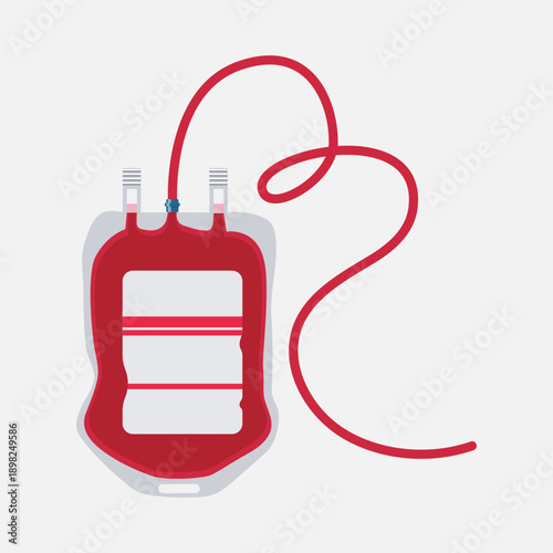 An illustration of a red blood bag with a tube, used for medical transfusions or donations in healthcare settings.