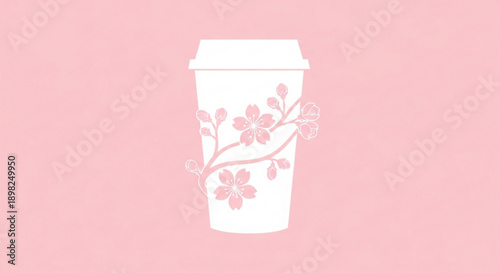 White disposable coffee cup with cherry blossom design on a pastel pink background perfect for cafe or coffee shop branding