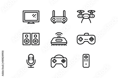 Technology gadget icons monitor router drone speakers controller