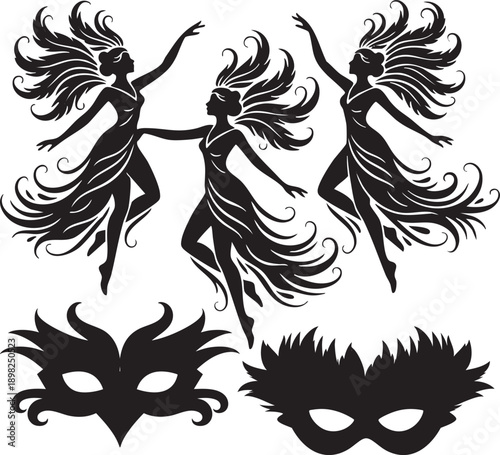 Dancing Masquerade Women and Feather Masks Silhouette Set