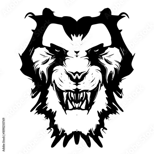 Vector illustration of a fierce lion head mascot and wild predator beast face featuring a black silhouette art style for an angry animal tattoo or wildlife symbol