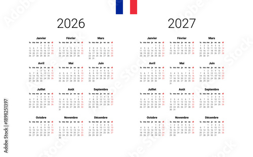 French 2026, 2027 calendar.  Full months for wall calendar. Vector illustration design template start from monday. isolated background