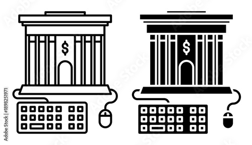 Linear icon. Bank connected to an online payment system and high tech Internet banking services. Simple black and white vector symbol isolated on white background
