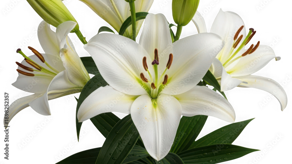 Obraz premium Beautiful white lilies in full bloom isolated on transparent background