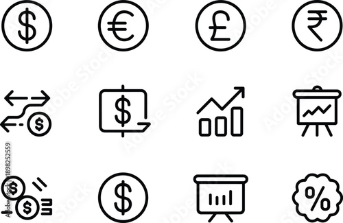 Global currency exchange symbols and financial presentation graphics collection