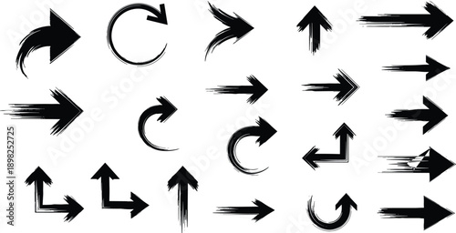 Black Hand Drawn Arrows with Brush Stroke Texture on White Background Keywords: arrows, brush strokes, hand drawn, black, white