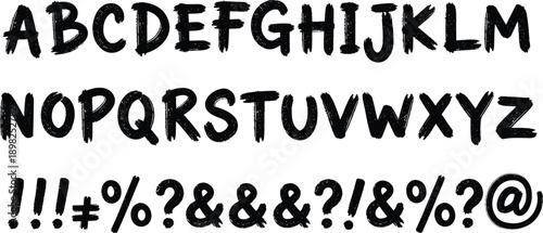 Black hand painted alphabet letters and punctuation marks with rough texture Keywords: alphabet, letters, punctuation, marks