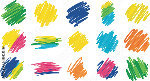 Colorful hand drawn scribbled shapes in green yellow blue pink orange and blue Keywords: scribble, shape, hand drawn, colorful