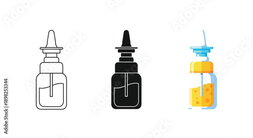 Collection of three different nasal spray bottle icons representing medical treatment and relief from allergies or congestion issues
