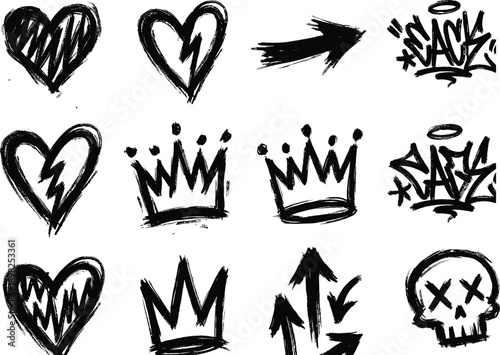 Hand drawn black ink graffiti icons hearts crowns arrows skull tags and lightning bolts Keywords: heart icon, crown icon, arrow