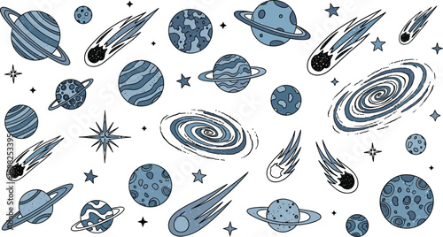 Hand drawn cartoon planets comets stars and galaxies in blue and grey tones Keywords: space, galaxy, planet, comet, star, nebula