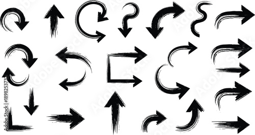 Set of Hand Drawn Brush Stroke Arrows and Symbols on White Background Keywords: arrow, direction, pointer, brush stroke, grunge