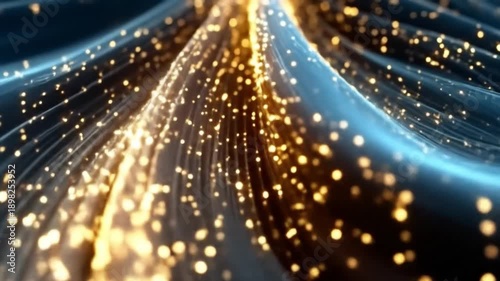 Abstract swirling lines with glowing particles on black background