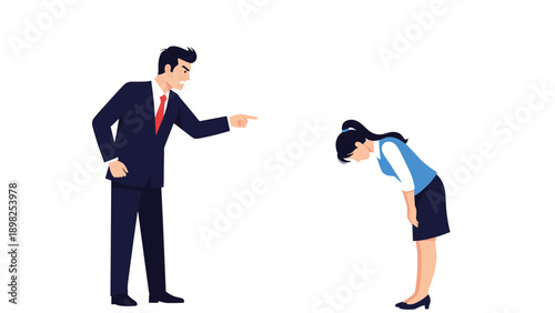 Angry businessman in a dark suit shouting and pointing at a female employee who is bowing deeply in apology for a mistake.